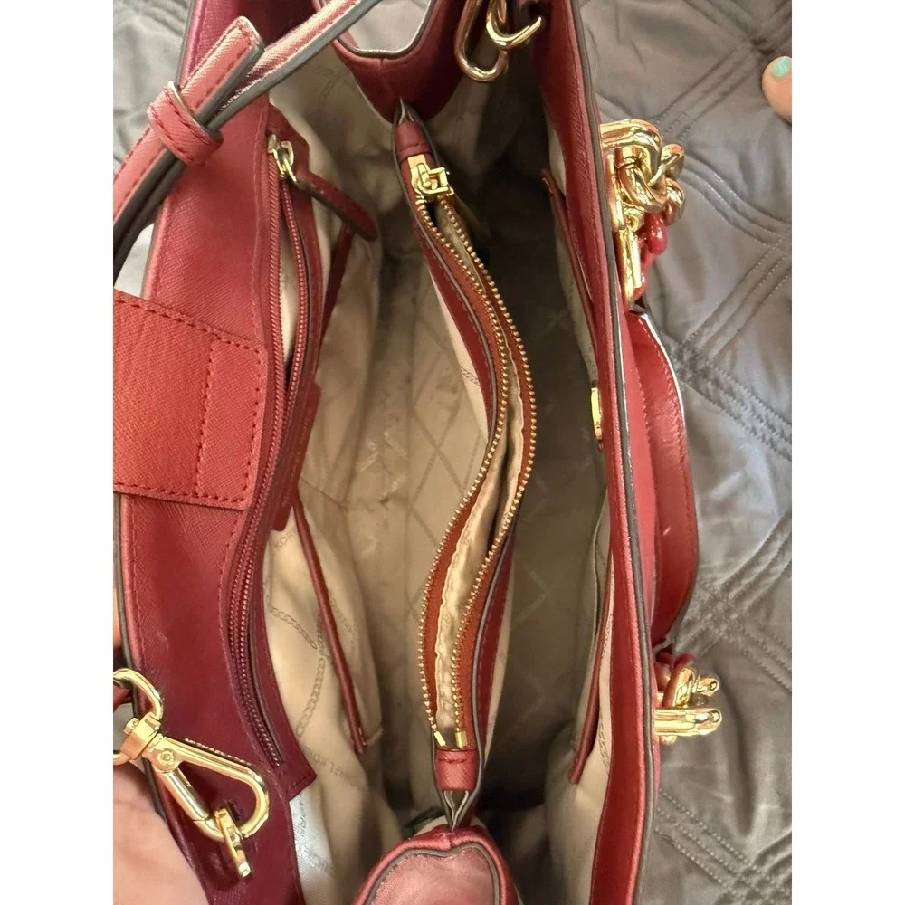 Michael Kors Red Saffiano Leather Satchel Crossbody Bag Gold Hardware